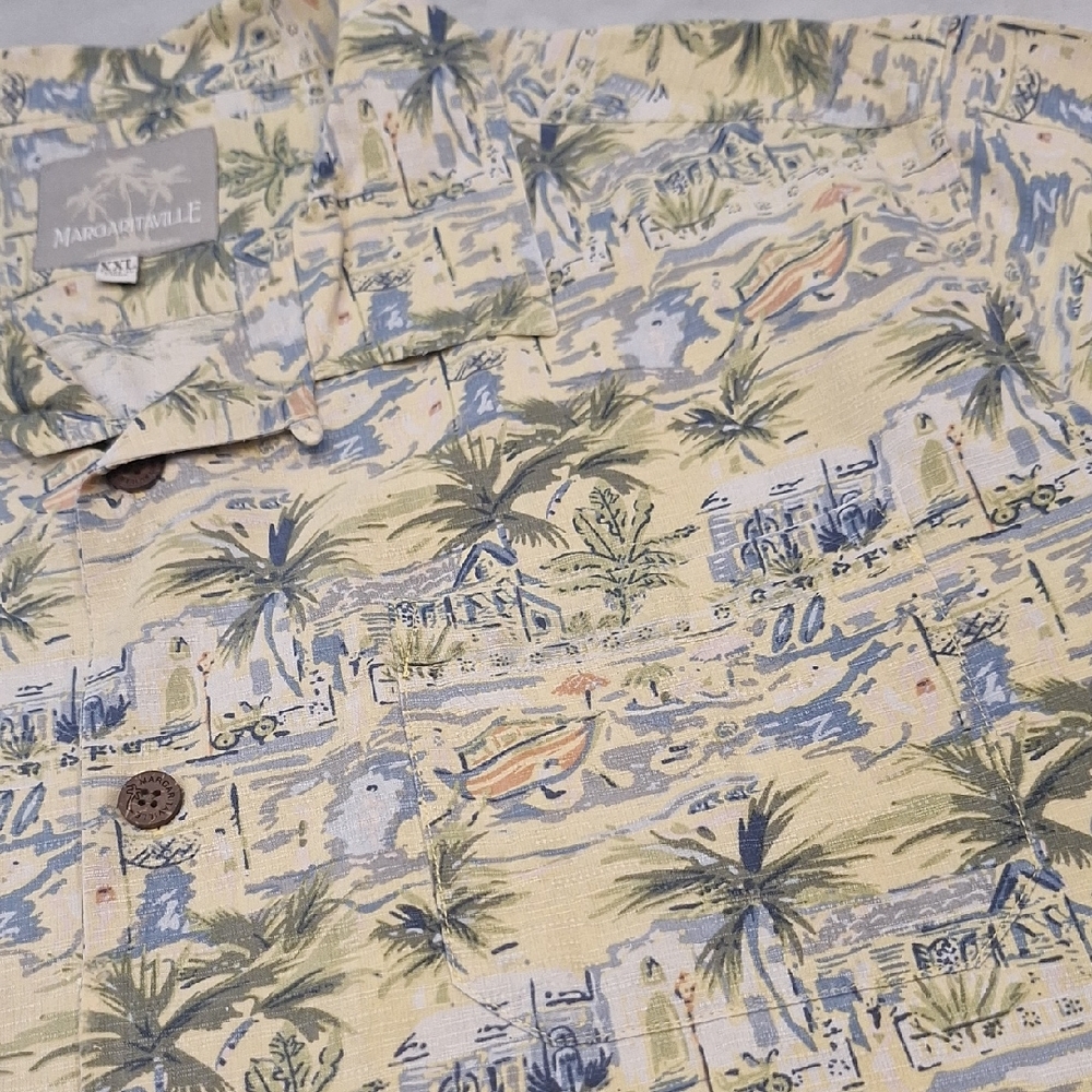 Margaritaville Men's‎ Sz 2XL Tropical Print Hawaiian Shirt Blue Yellow 100% Silk